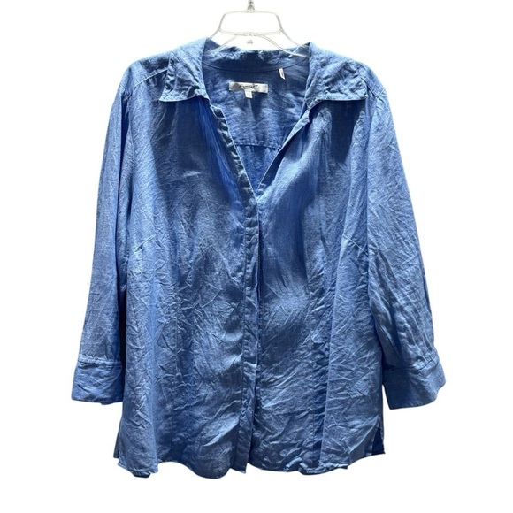 Foxcroft 100% Linen Shirt Blue Button Down Tunic Style Blouse Top 16W - Picture 1 of 5
